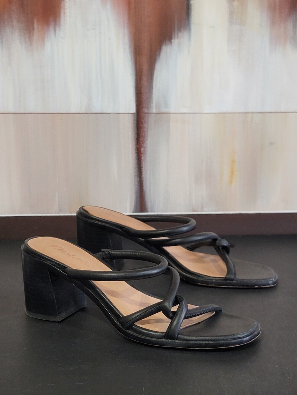 Madewell Black Leather Strappy Square Toe Block Heel Slip-On Sandals 7.5